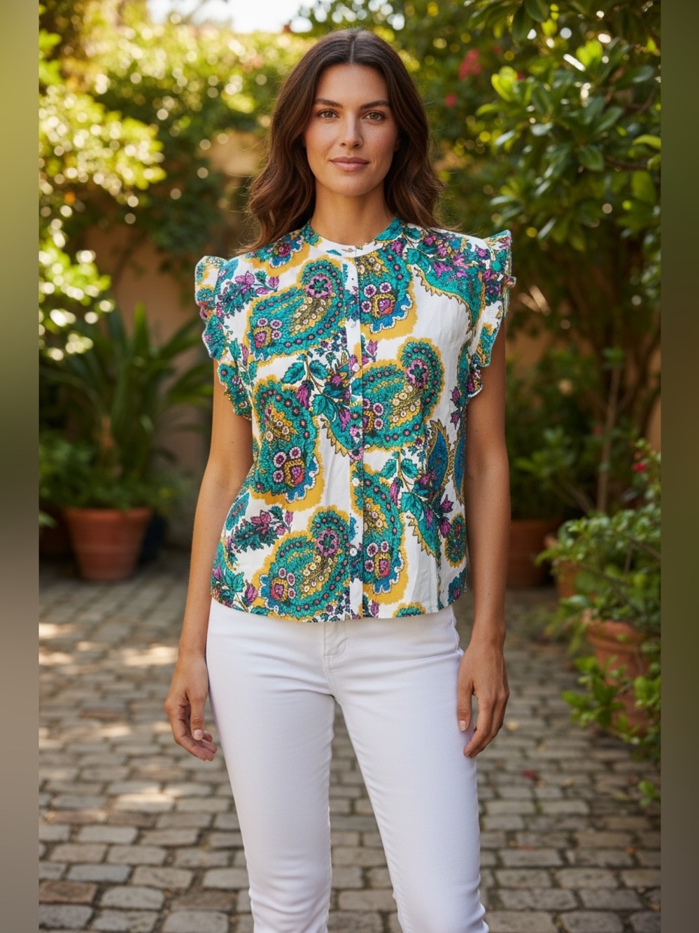 Ro’s Garden Floral Paisley Ruffle-Sleeve Top